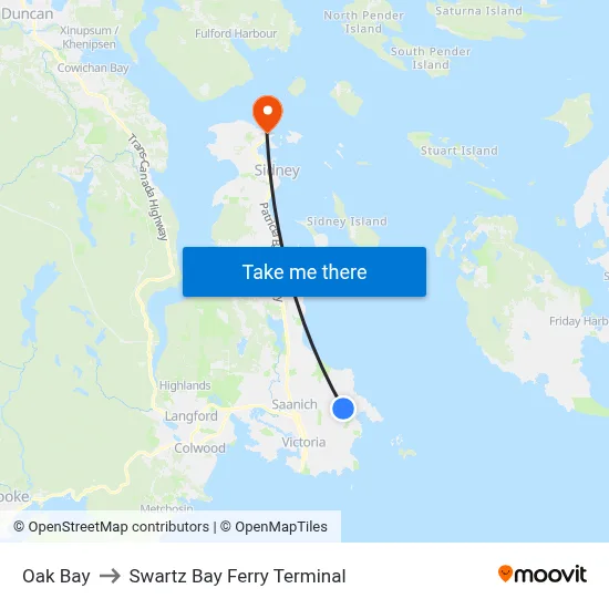 Oak Bay to Swartz Bay Ferry Terminal map