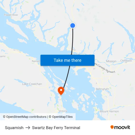 Squamish to Swartz Bay Ferry Terminal map
