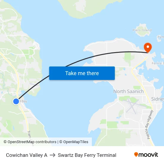 Cowichan Valley A to Swartz Bay Ferry Terminal map