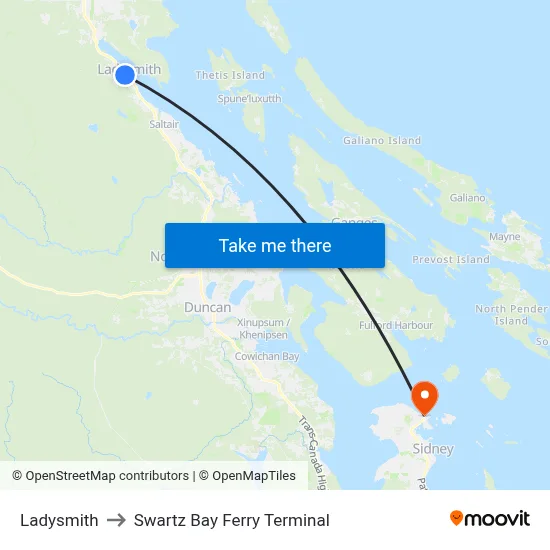 Ladysmith to Swartz Bay Ferry Terminal map