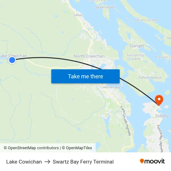 Lake Cowichan to Swartz Bay Ferry Terminal map