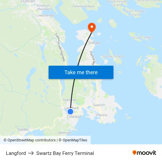 Langford to Swartz Bay Ferry Terminal map