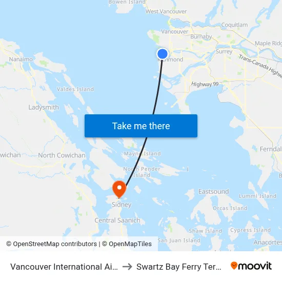 Vancouver International Airport to Swartz Bay Ferry Terminal map