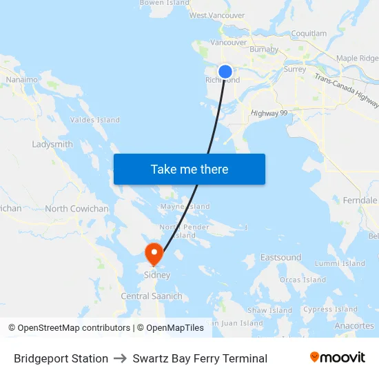 Bridgeport Station to Swartz Bay Ferry Terminal map