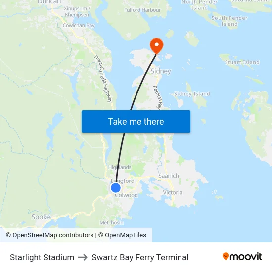 Starlight Stadium to Swartz Bay Ferry Terminal map