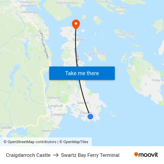 Craigdarroch Castle to Swartz Bay Ferry Terminal map