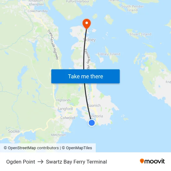 Ogden Point to Swartz Bay Ferry Terminal map