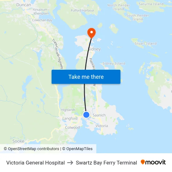 Victoria General Hospital to Swartz Bay Ferry Terminal map