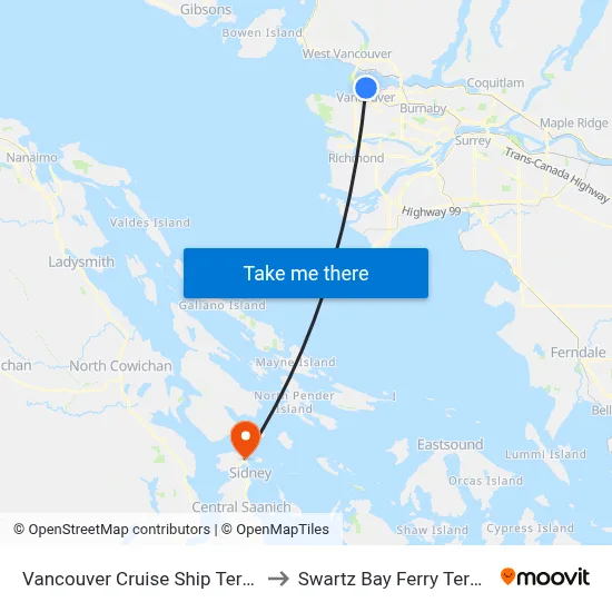 Vancouver Cruise Ship Terminal to Swartz Bay Ferry Terminal map