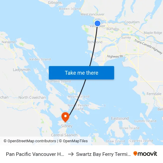 Pan Pacific Vancouver Hotel to Swartz Bay Ferry Terminal map