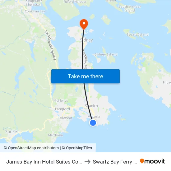 James Bay Inn Hotel Suites Cottage Victoria to Swartz Bay Ferry Terminal map