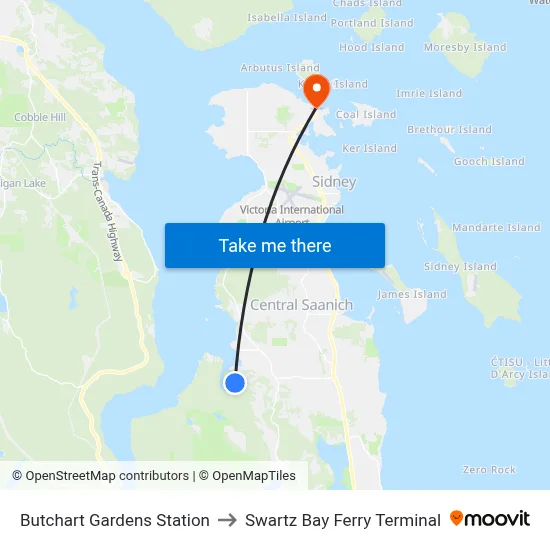 Butchart Gardens Station to Swartz Bay Ferry Terminal map