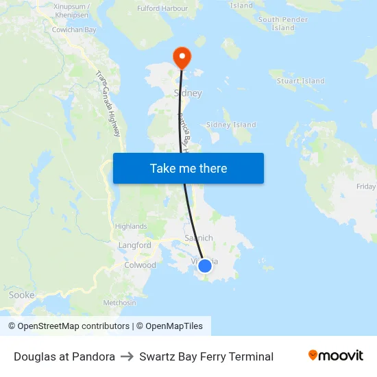 Douglas at Pandora to Swartz Bay Ferry Terminal map