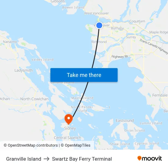 Granville Island to Swartz Bay Ferry Terminal map