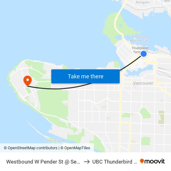 Westbound W Pender St @ Seymour St to UBC Thunderbird Arena map