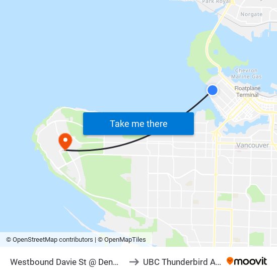 Westbound Davie St @ Denman St to UBC Thunderbird Arena map
