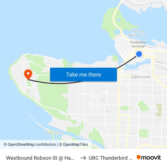 Westbound Robson St @ Hamilton St to UBC Thunderbird Arena map