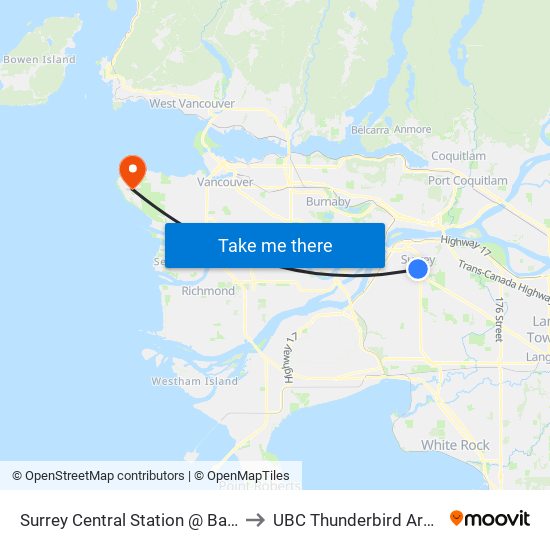 Surrey Central Station @ Bay 9 to UBC Thunderbird Arena map
