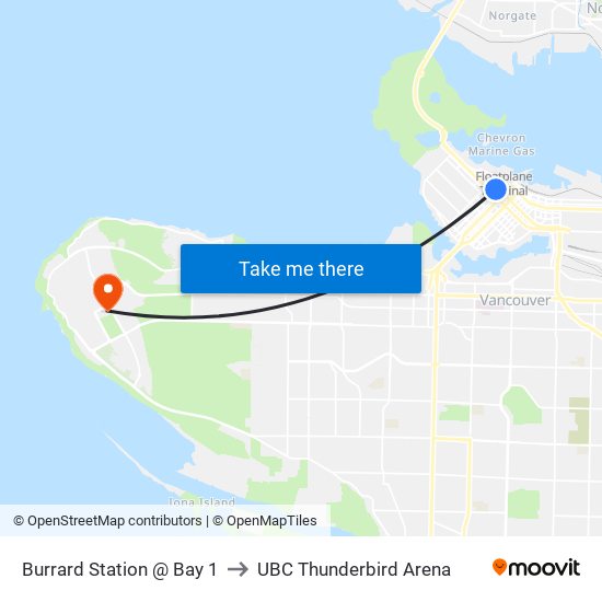 Burrard Station @ Bay 1 to UBC Thunderbird Arena map