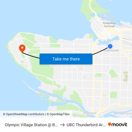 Olympic Village Station @ Bay 1 to UBC Thunderbird Arena map