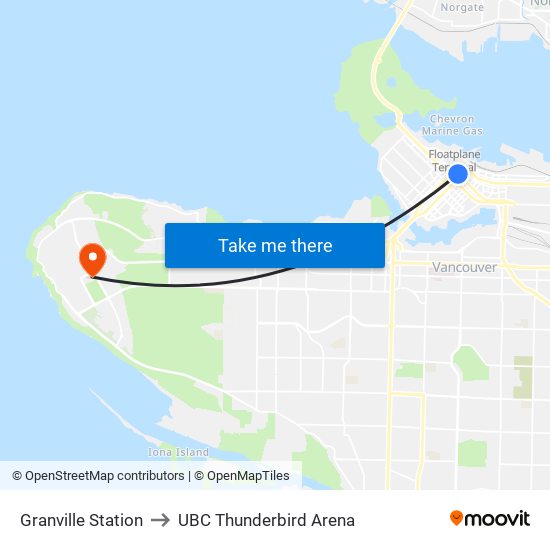 Granville Station to UBC Thunderbird Arena map