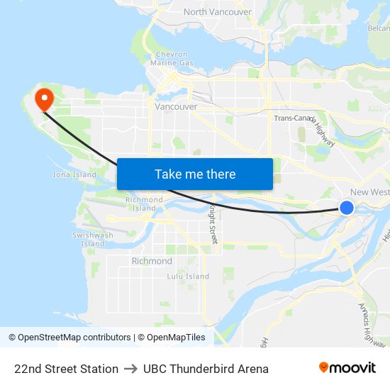 22nd Street Station to UBC Thunderbird Arena map