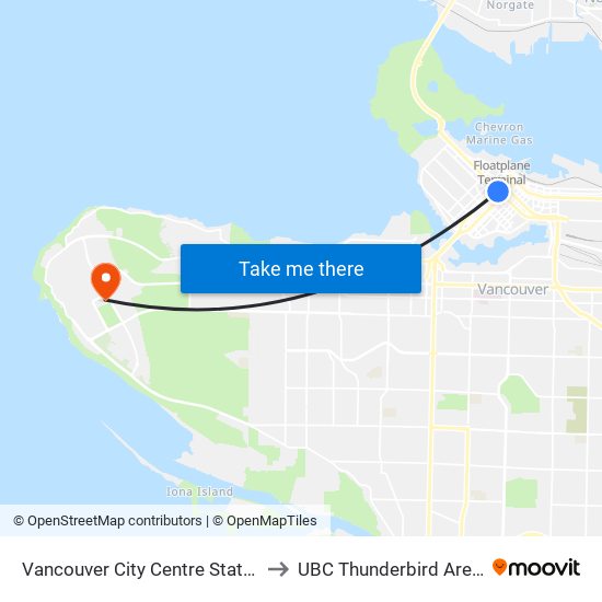 Vancouver City Centre Station to UBC Thunderbird Arena map