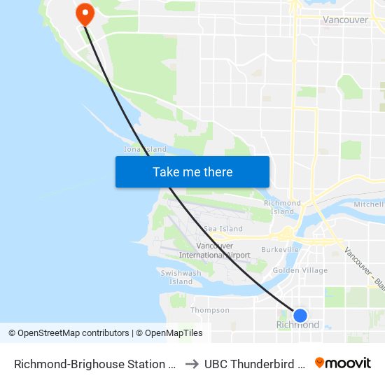 Richmond-Brighouse Station @ Bay 1 to UBC Thunderbird Arena map
