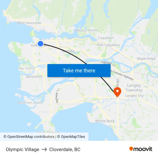 Olympic Village to Cloverdale, BC map
