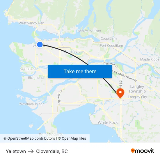 Yaletown to Cloverdale, BC map