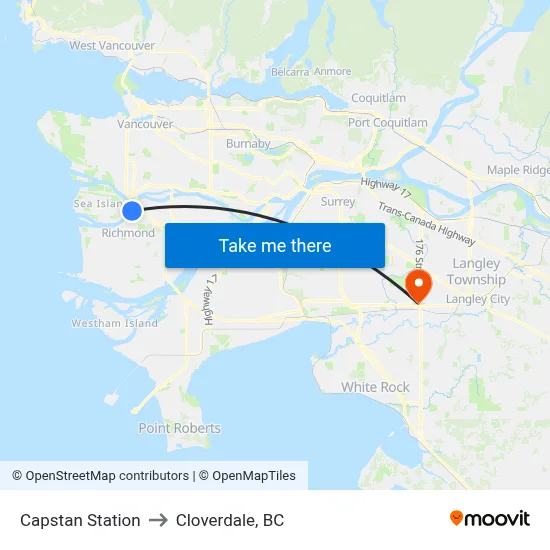 Capstan Station to Cloverdale, BC map