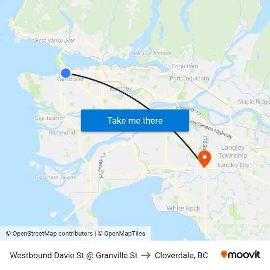 Westbound Davie St @ Granville St to Cloverdale, BC map
