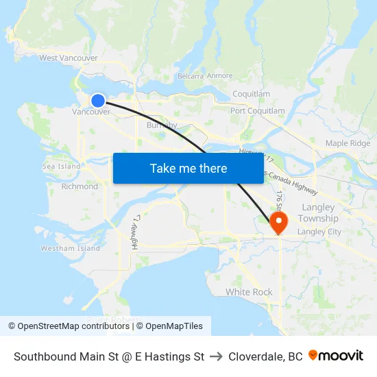 Southbound Main St @ E Hastings St to Cloverdale, BC map