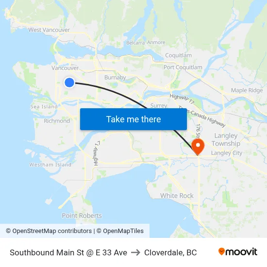 Southbound Main St @ E 33 Ave to Cloverdale, BC map