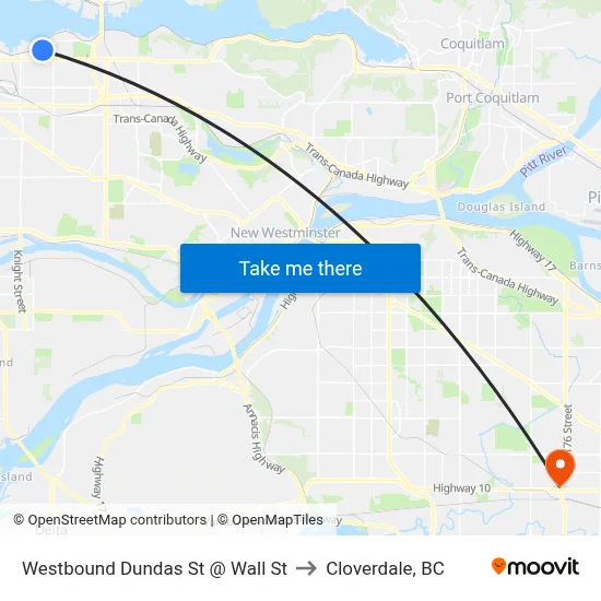 Westbound Dundas St @ Wall St to Cloverdale, BC map