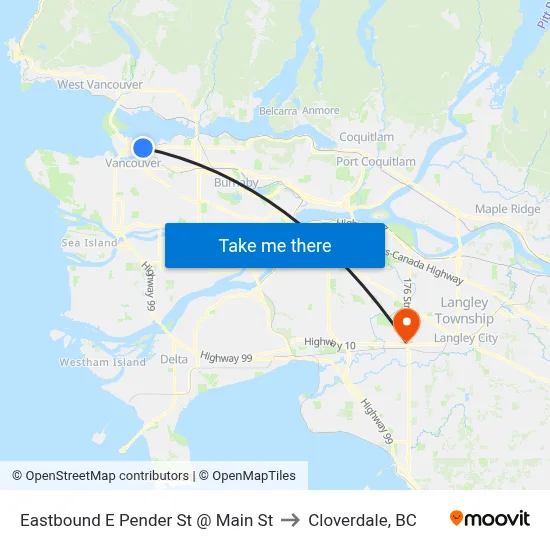 Eastbound E Pender St @ Main St to Cloverdale, BC map
