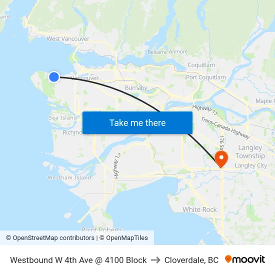 Westbound W 4th Ave @ 4100 Block to Cloverdale, BC map