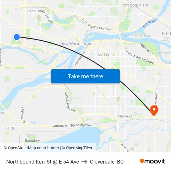 Northbound Kerr St @ E 54 Ave to Cloverdale, BC map