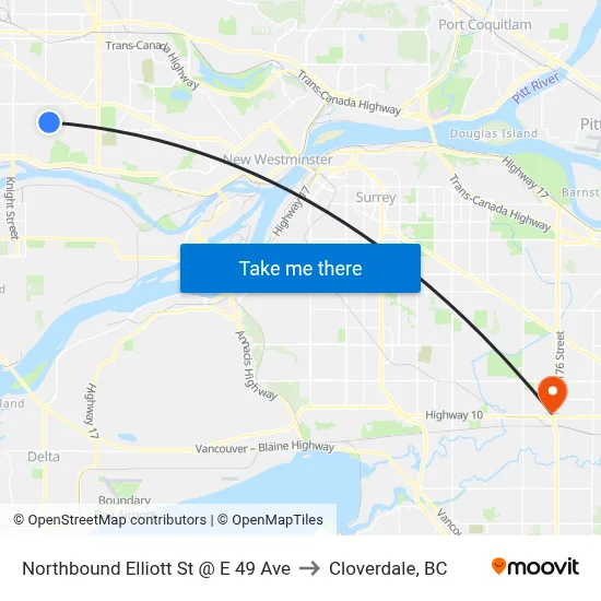 Northbound Elliott St @ E 49 Ave to Cloverdale, BC map