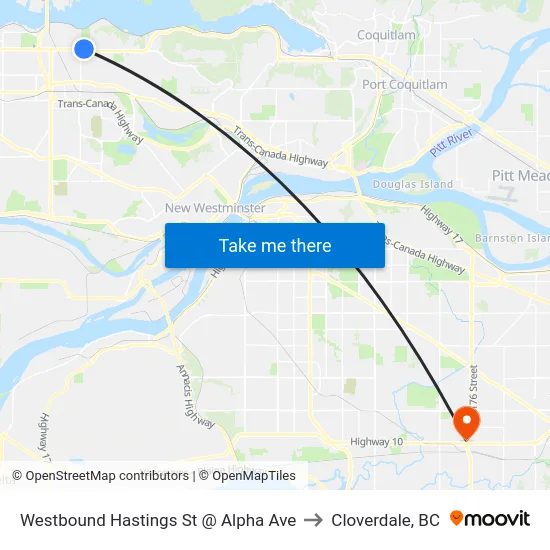 Westbound Hastings St @ Alpha Ave to Cloverdale, BC map