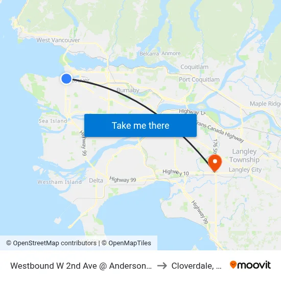 Westbound W 2nd Ave @ Anderson St to Cloverdale, BC map