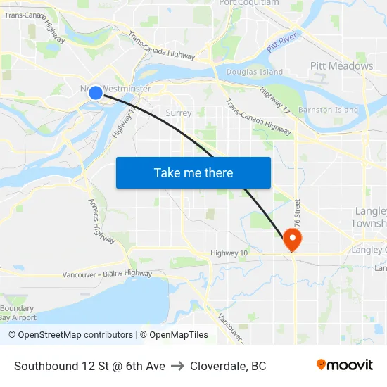 Southbound 12 St @ 6th Ave to Cloverdale, BC map