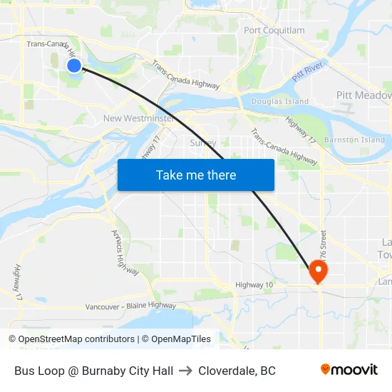 Bus Loop @ Burnaby City Hall to Cloverdale, BC map