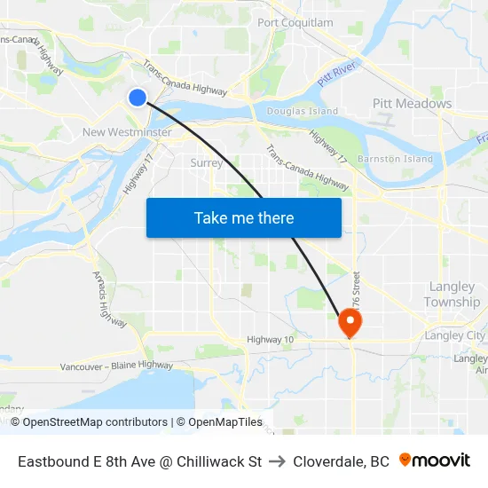 Eastbound E 8th Ave @ Chilliwack St to Cloverdale, BC map