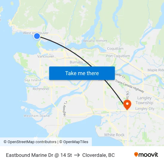 Eastbound Marine Dr @ 14 St to Cloverdale, BC map