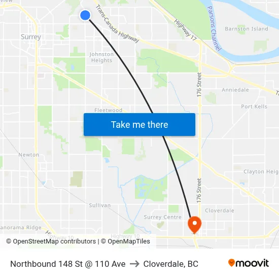 Northbound 148 St @ 110 Ave to Cloverdale, BC map