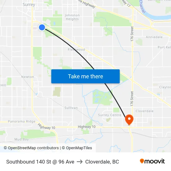 Southbound 140 St @ 96 Ave to Cloverdale, BC map