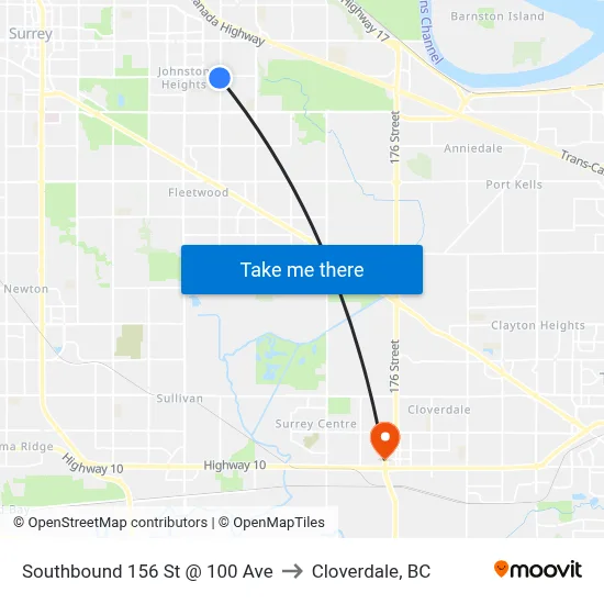 Southbound 156 St @ 100 Ave to Cloverdale, BC map