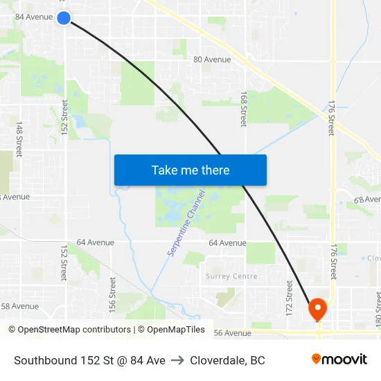 Southbound 152 St @ 84 Ave to Cloverdale, BC map