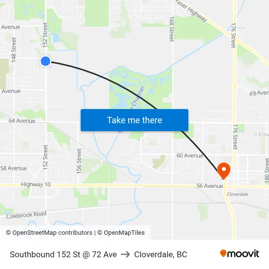 Southbound 152 St @ 72 Ave to Cloverdale, BC map